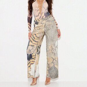 Multicolor Women's Mixed Animal Print Patchwork Wide Leg High Rise Jeans